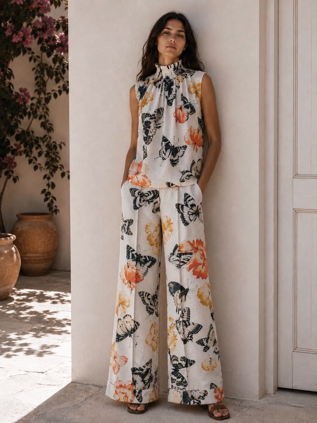 Floral cuffed linen trousers